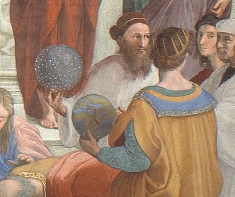A detail from Raphael's School of Athens, showing the celestial and terrestrial spheres