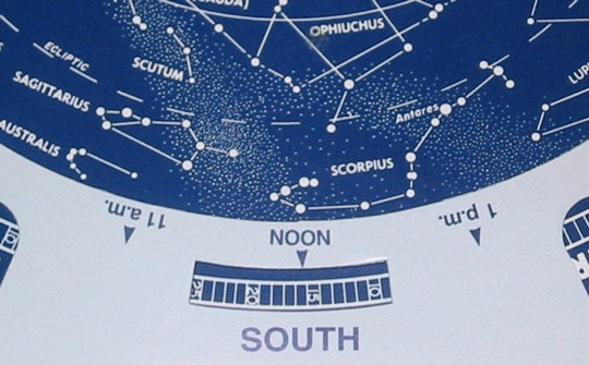 A close-up of Scorpius and Sagittarius as they appear on a single-sided planisphere