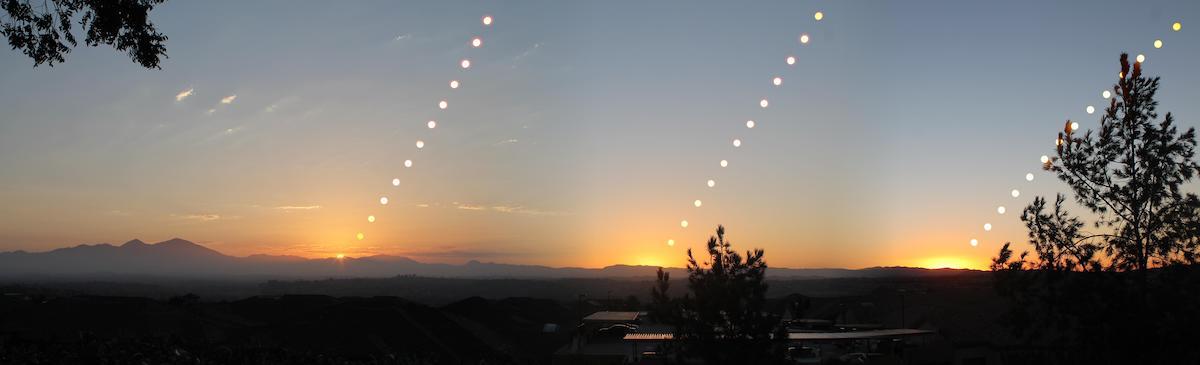 A composite panorama of three sunrises, showing the sun's path at the solstices and equinoxes