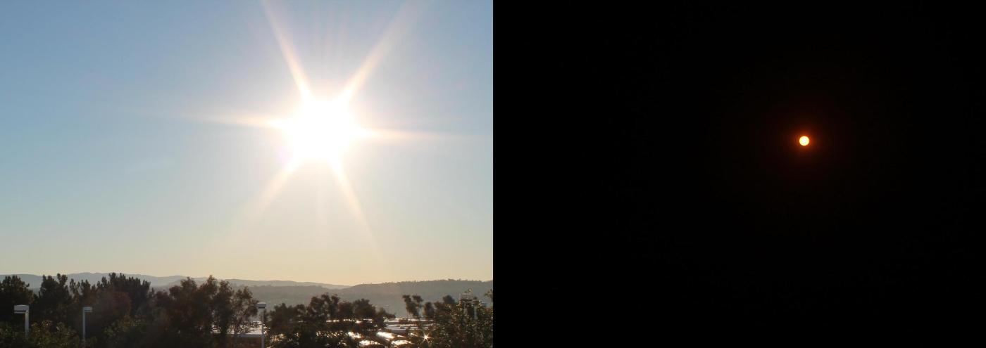 A comparison of two photographs of the sun, with and without a solar filter