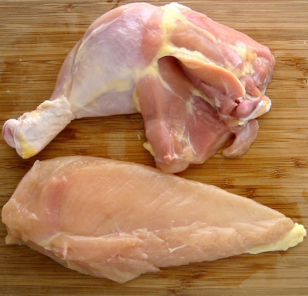 Side-by-side comparison of the leg muscles and breast meat of a chicken, showing the difference in color